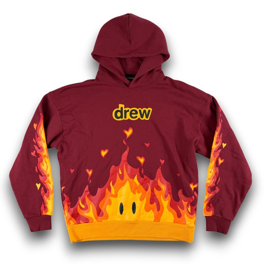 Justin Bieber Drew House‎ Hoodie Mens L Maroon Flame Heart Graphic Streetwear
